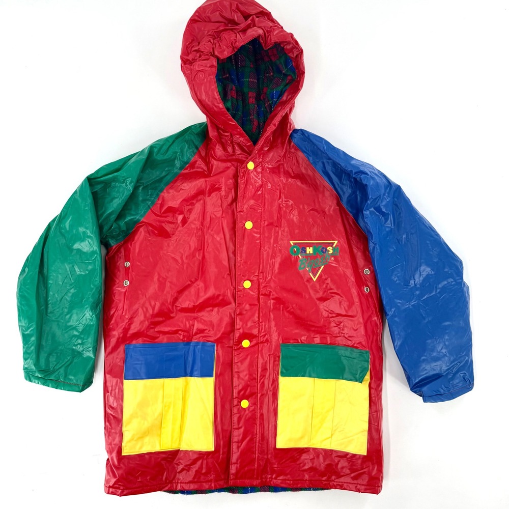 OshKosh Bgosh Raincoat Kids 7 Multi Color Good Vintage Colorblock Plaid 90s PVC